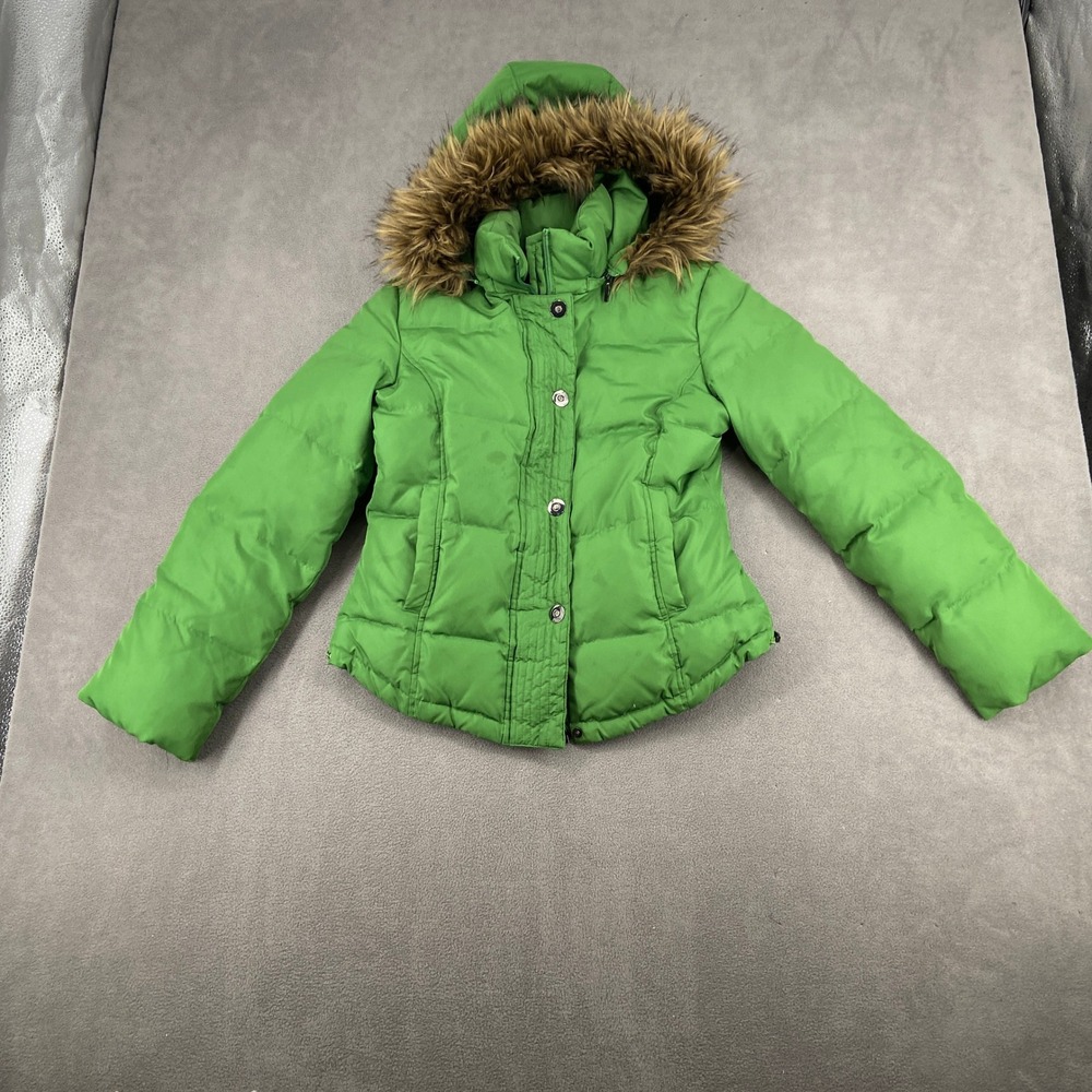 White Rivet Green Down Puffer Jacket Faux Fur Hood VTG Y2K 00s Womens Small